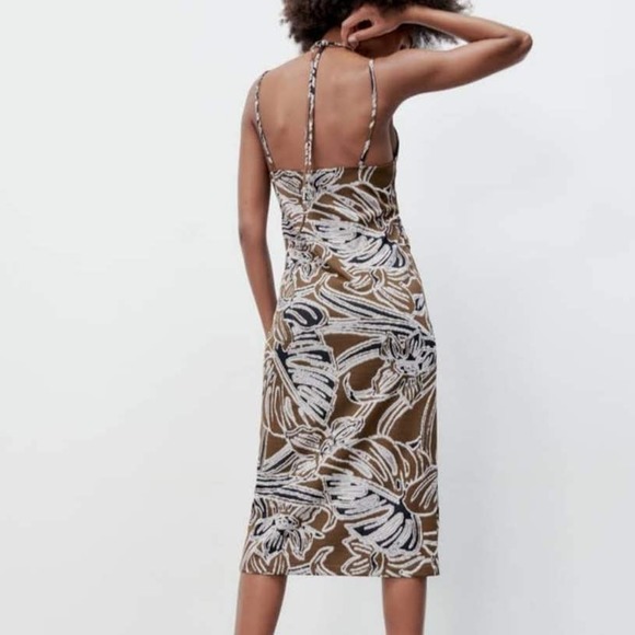 ZARA Printed Jacquard Dress Brown Palm Size Large - Picture 8 of 9